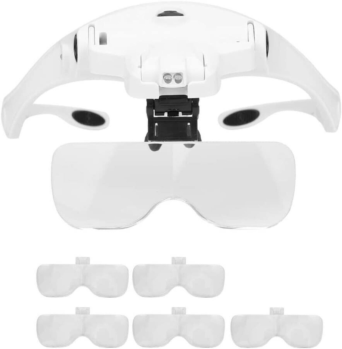 Hoofdvergrootglas - met 2 LED-lampjes - met verlichting - vergrootglas voor senioren - professioneel vergrootglas - geschikt voor lezen, repareren, inspecteren en beoordelen - inclusief 5 lenzen - wit