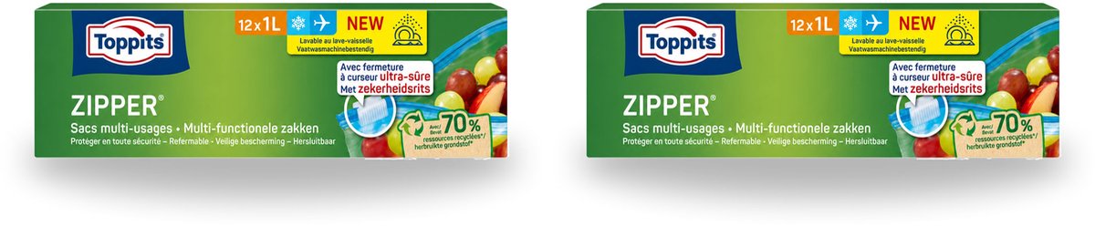 2 x Toppits – Zipper Multifunctionele Zakken – 1 Liter – 12 Zakjes - Voordeelverpakking - 2 stuks