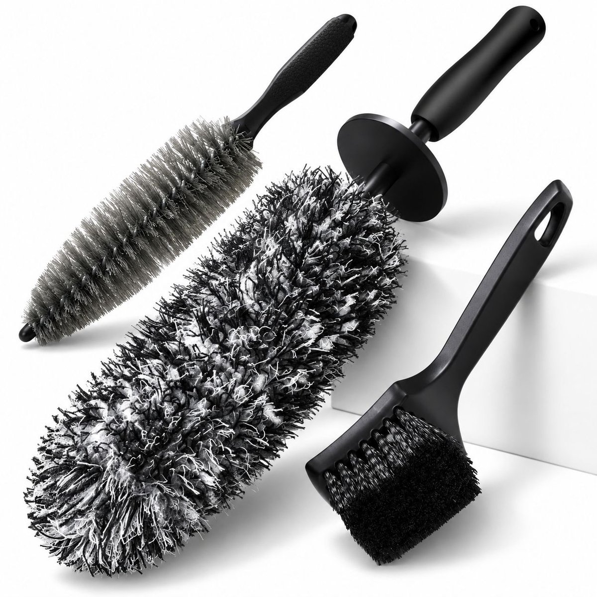 VHV - Autowasborstels - Velgenborstel - Velgenreinigers - Wheel brush - Tire brush - 3-delige Autopoetsset - Velgenborstel Microvezel - Verontreinigingen van uw banden verwijderen - Geschikt voor auto's en motoren