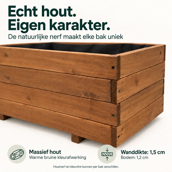 Gedetailleerde foto van de warme bruine houten plantenbak.