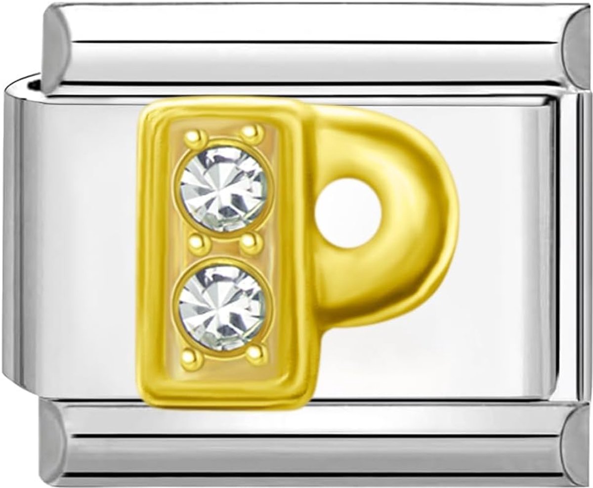 Italiaanse Schakel Bedel Module Roestvrij Staal Goud Zirkonia alfabet letter P voor Italië charms Link schakels Armbanden