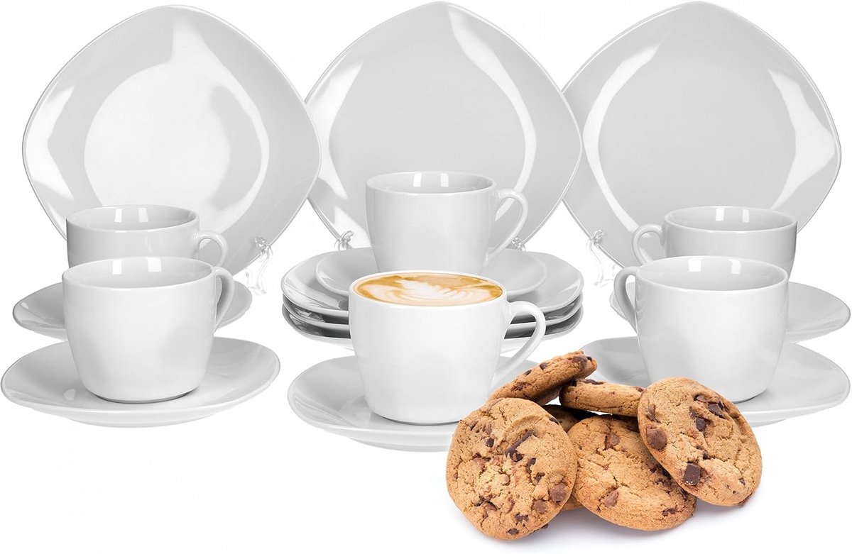 Well Lilli Koffieservies voor 6 personen, 18-delige vierkante porseleinen serviesset in wit met gebogen randen voor de perfect gedekte koffietafel, vaatwasmachinebestendig