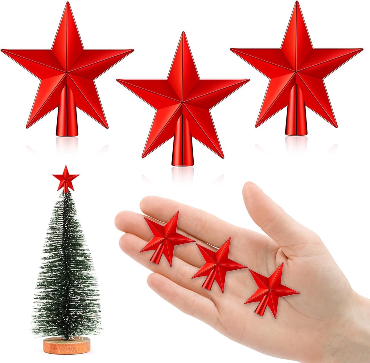 6 cm ster voor kerstboom, mini-kerstboompiek, mini-sterren voor de decoratie van de kleine kerstboom (4,5 cm, glans: rood)