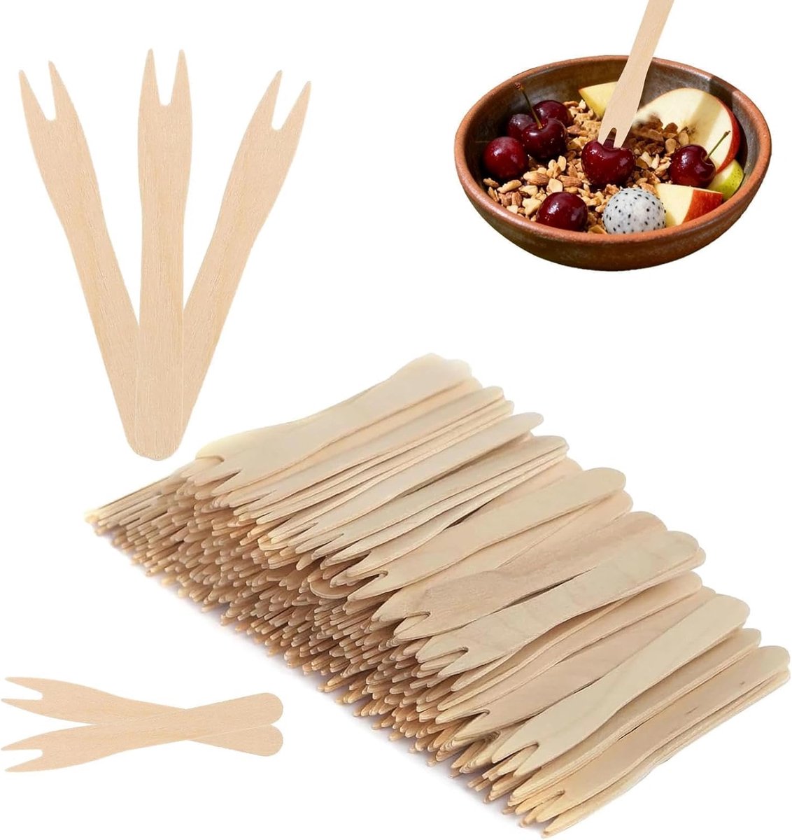 Vorken, frietvorken, wegwerp frietvorken, houten vorken, pomespiekers, natuurlijk hout, biologisch, fruithouten vorken, voor feestjes, camping en picknicks, houtkleur