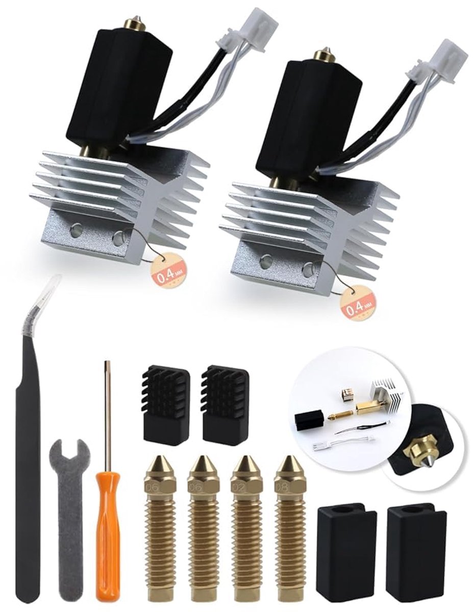 2 stuks 0,4 mm keramische hotend kit voor Centauri Carbon, geoptimaliseerde thermische efficiëntie, met 0,6/0,8/0,2 mm stalen messing sproeiers, siliconen sokken, mondborstel en