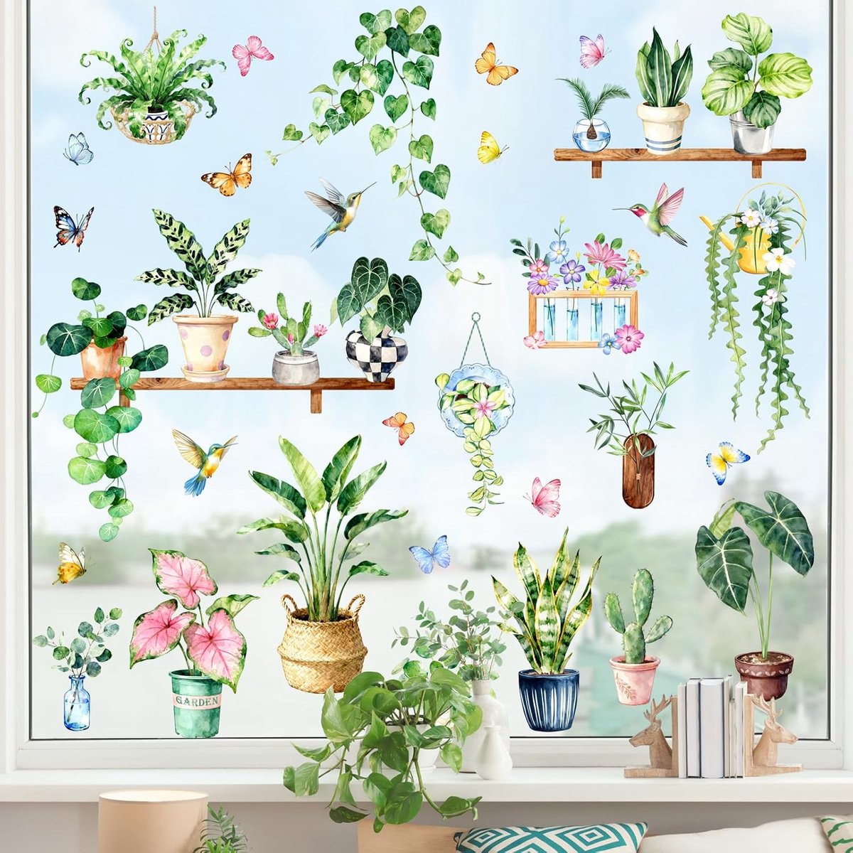 Raamstickers Zomer Groene Potplanten Bladeren Vogels Anti-Botsing Raamfolie Glazen Deuren Zelfklevend Dik Vinylmateriaal
