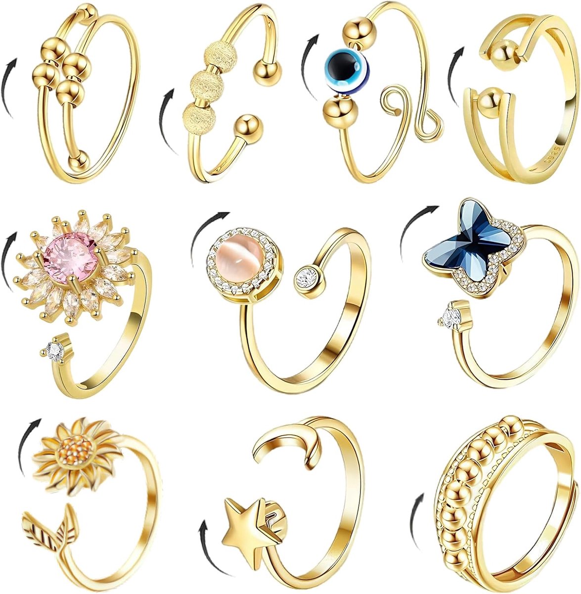 10 stuks anti-stress-ring voor dames, anti-stress-ring, B-ague, draaibaar, dames, B-ague, anti-stress, F-emme, verstelbaar, draaiende ring, met roterende kralen, ideaal voor dagelijks gebruik, reizen