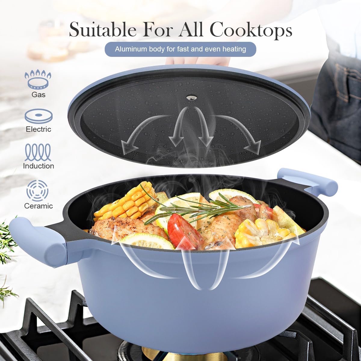 5 Qt Dutch Oven Pot met Deksel, Inductie Kookpot Nonstick, Blauw