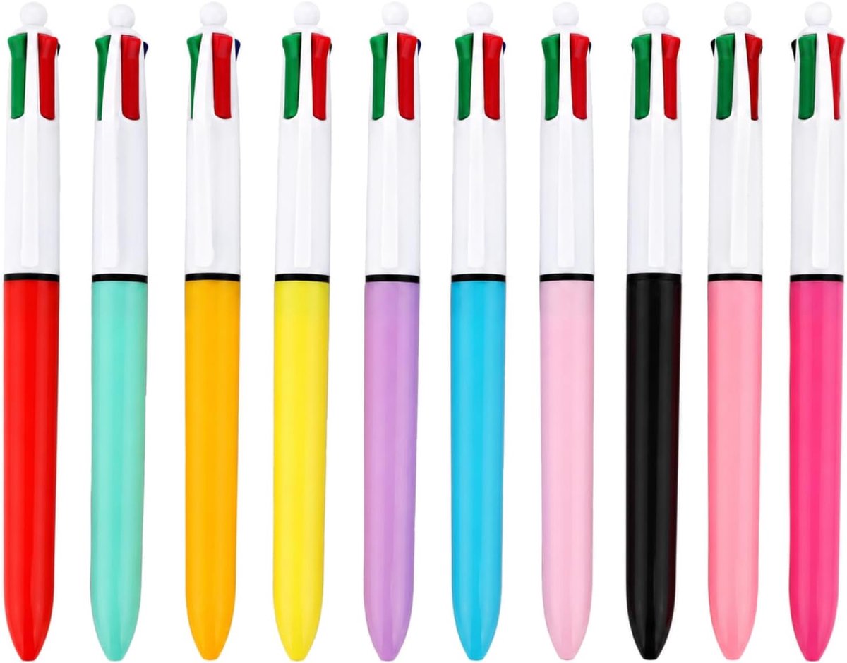 10 stuks 4-in-1 intrekbare balpen, kleuren zwart, blauw, rood, groen, praktische 4 kleuren pen voor kantoor, school en studie, soepel schrijven, ideaal school- en kantoorbenodigdheden