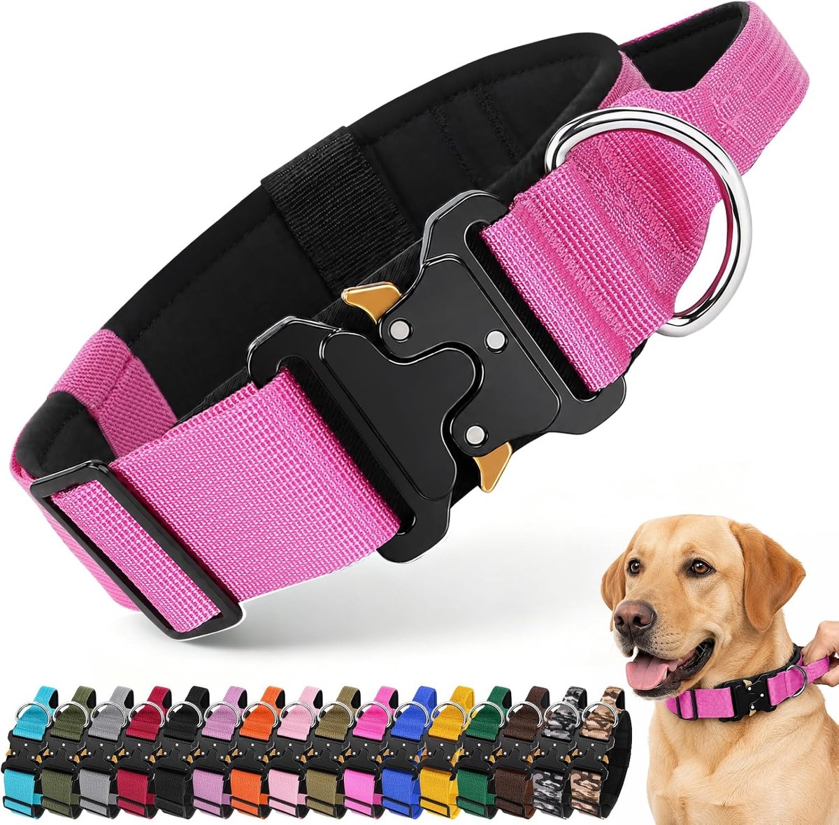 Hondenhalsband met controlehandgreep, militaire nylon verstelbare hondenhalsband, heavy-duty brede zachte gevoerde halsband met metalen gesp voor middelgrote tot grote honden, wandeltraining