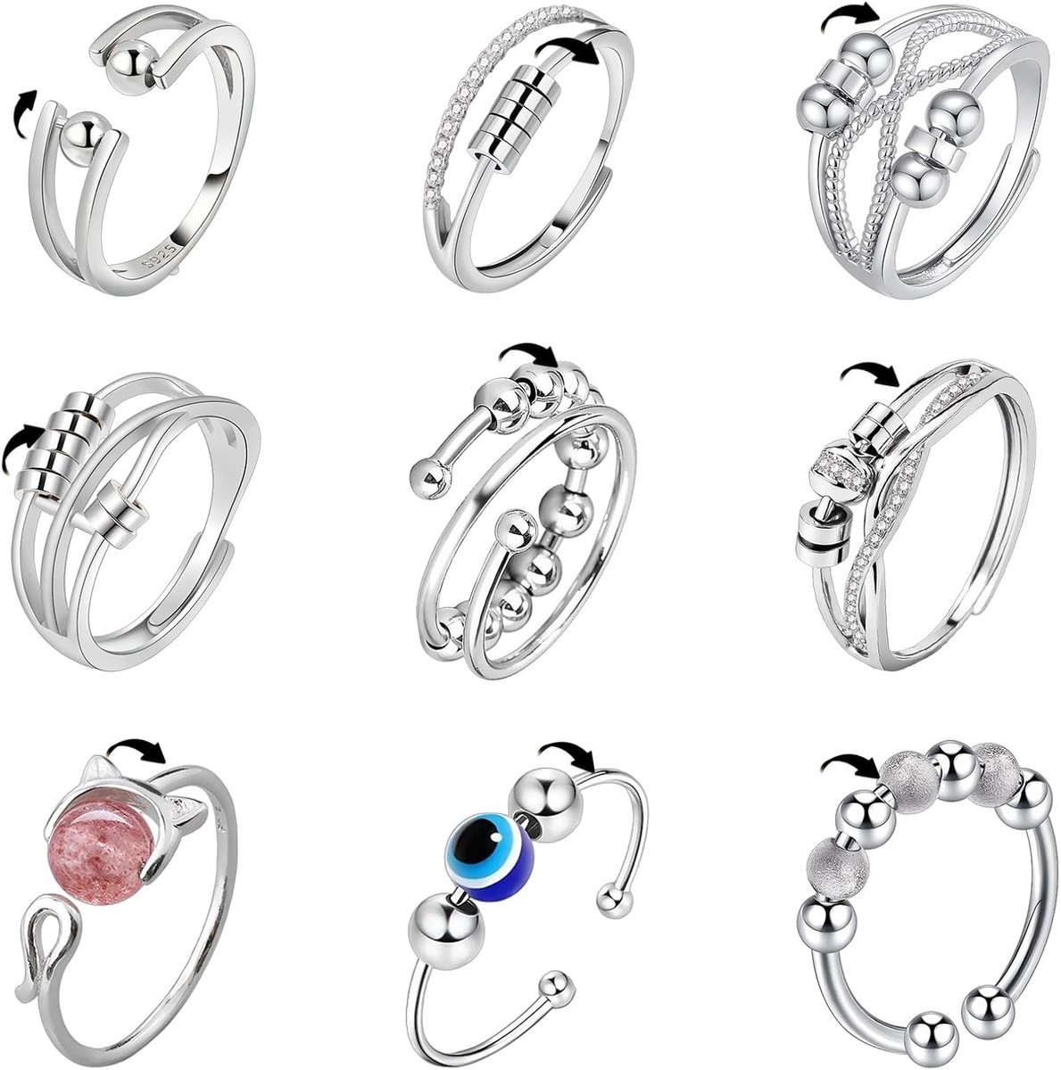 9 stuks anti-stress-ring voor dames, roestvrij staal, anti-stress-ring, verstelbaar, draaibaar, kan gevoelens van angst en spanning verlichten voor mannen en vrouwen, elegant cadeau (zilver)
