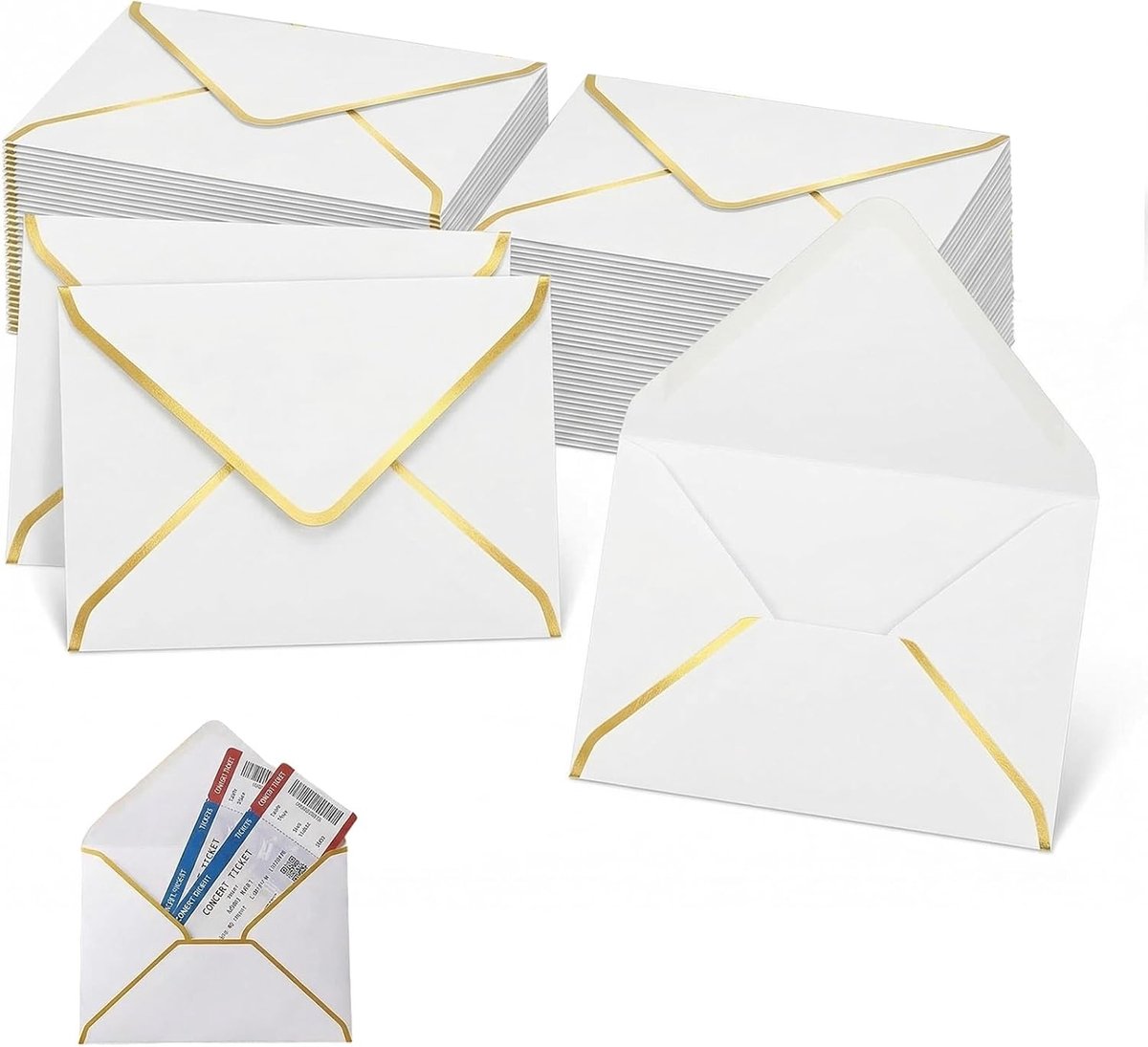 50 Stuks 13,5x18,5 cm Wit, Luxe Kraftpapier Enveloppen met Goudfolierand, Gegomd Sluiting, Geschikt voor Bruiloft Verjaardag Feest Afstudeerfeest