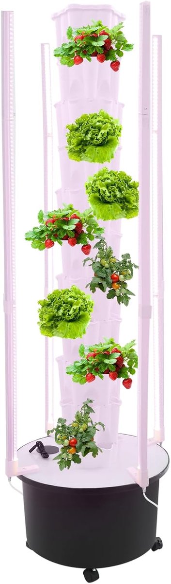 Hydrocultuurtoren met 10 verdiepingen met ledlicht en wielen, 60 planten, hydrocultuursysteem, indoor tuin kweekset voor groenten en kruiden, waterbesparend verticaal tuinieren