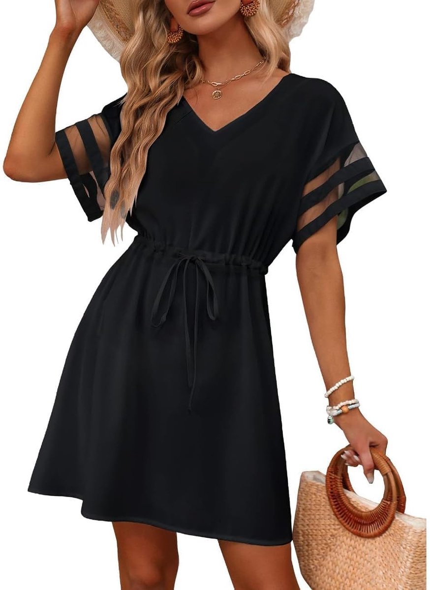 Strandjurk dames korte mouwen V-hals bikini cover up strandponcho zomer strand midijurken zomerjurk vrijetijdsjurk