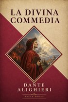Boekomslag van 'La Divina Commedia' door Dante Alighieri. Een man met een lauwerkrans en rode mantel staat centraal, met aan de ene kant vlammen en ruïnes, en aan de andere kant een stad met gouden hemel.