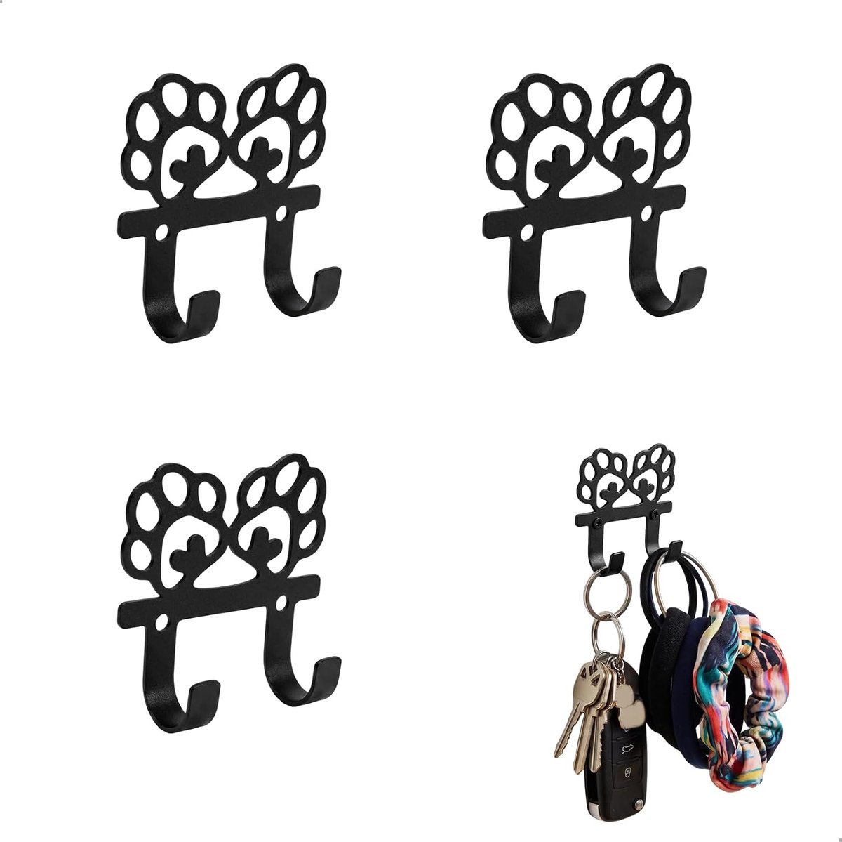 Sleutelrek voor wandmontage, sleutelhouder, 3 stuks, decoratief in hondenpootvorm, met schroeven en uitbreidingspluggen, voor ingang, hal of keuken, max. 3 kg, zwart