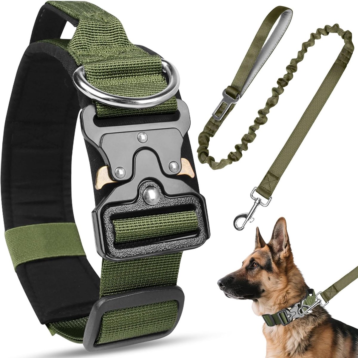 Hondenhalsband en riem, tactische hondenhalsband, zacht gevoerd, verstelbaar, nylon halsband, duurzaam en comfortabel voor kleine, middelgrote en grote honden (legergroen, XL)