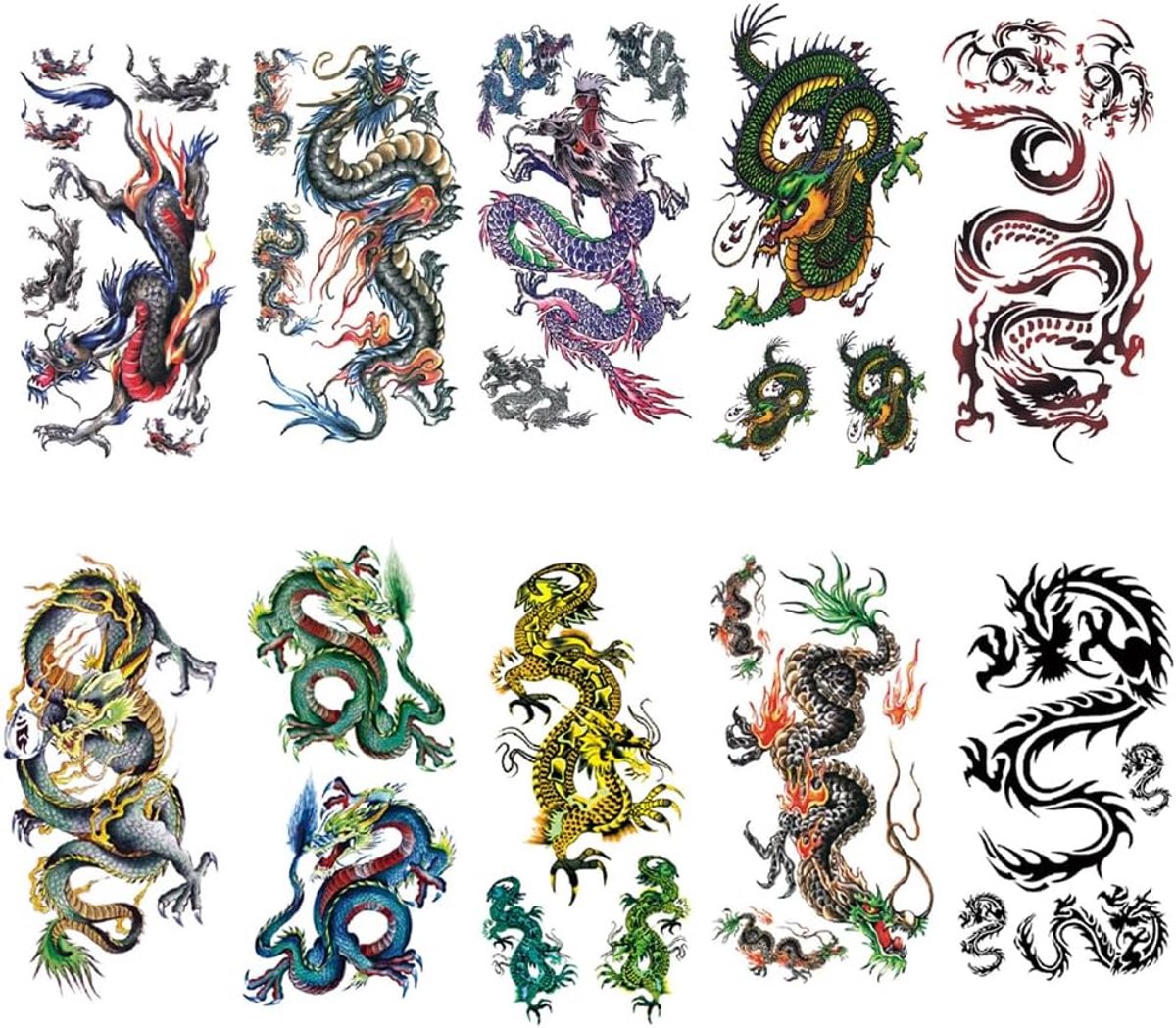 Tijdelijke tatoeages, 10 vellen, tijdelijke tatoeages, drakenvorm, valse tatoeages voor volwassenen, tijdelijke tatoeages, waterproof, realistische stickers, voor mannen en vrouwen