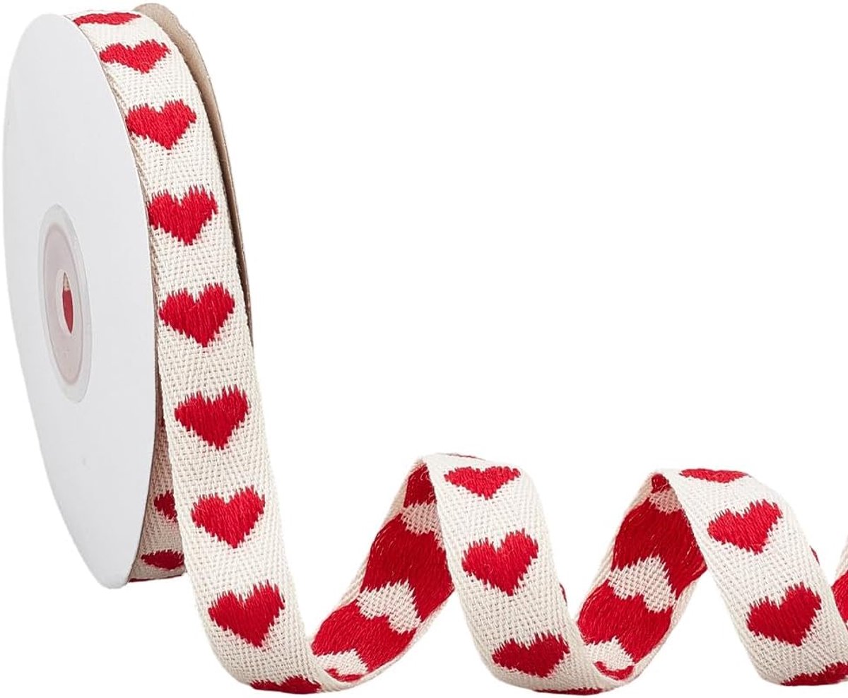 9.14M 15Mm Rood Hart Geborduurd Katoenen Lint Liefde Harten Twill Tape Polycotton Webbing Stoffen Linten Voor Gift Wrapping Party Bruiloft Valentijnsdag Decoratie Diy Craft Supply
