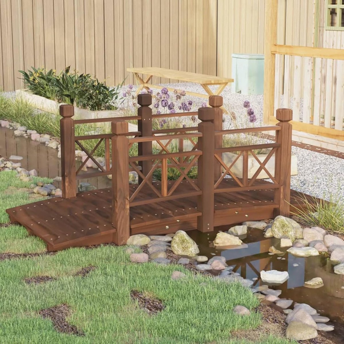 Tuinbrug, vijverbrug, decoratieve brug, houten brug met leuningen, tuindecoratie, massief hout, sparrenhout, 150 x 67 x 56 cm