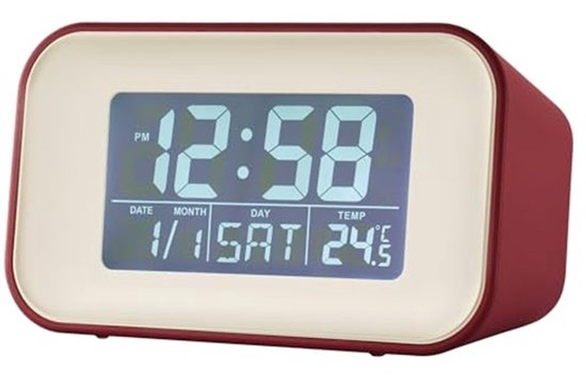 Rode wekker met binnentemperatuur en kalenderweergave