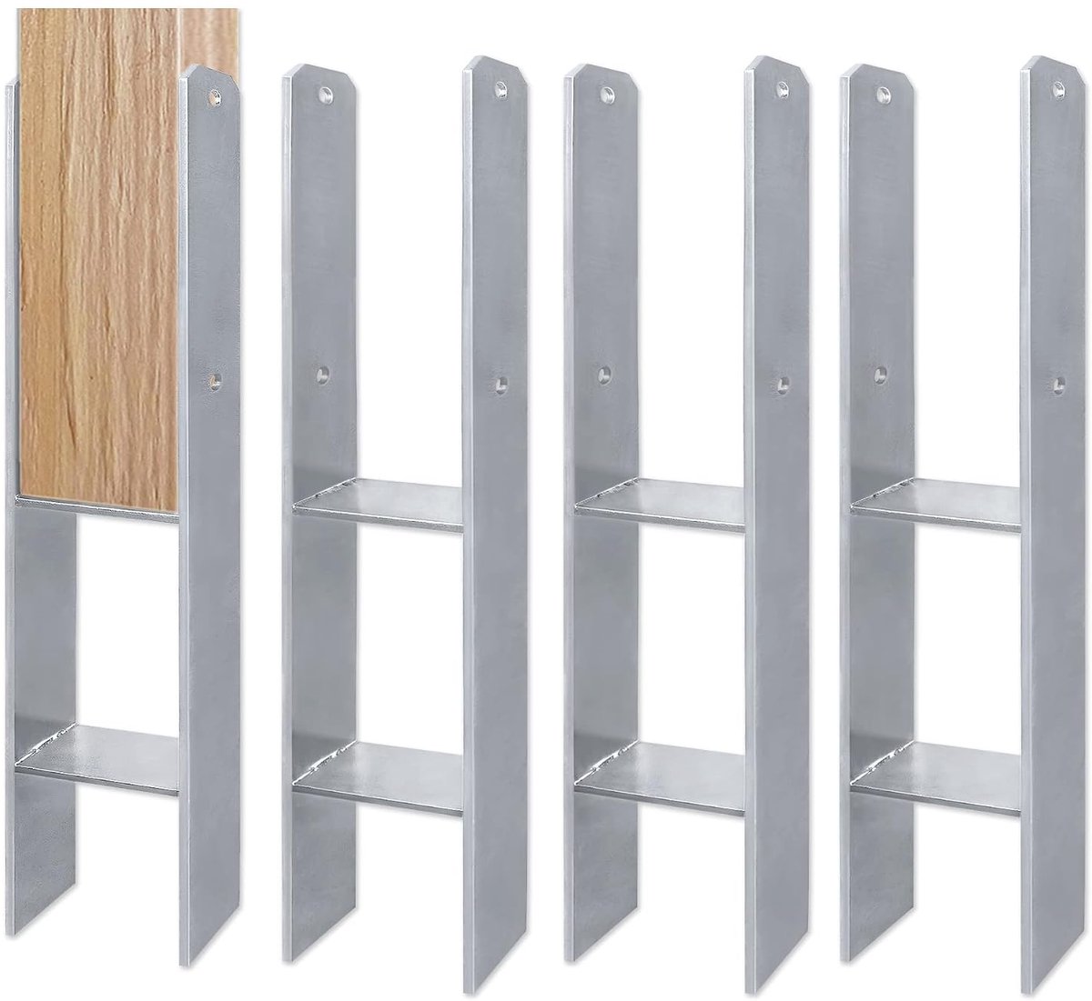 H-paalhouder Set Vervaardigd Uit 5mm Staal Thermisch Verzinkt Houten Paalvoetplaat Anker Grondkoker Universele Afrasteringspaal Beugels voor Tuinschermen Pergola's (121x60x600mm, 4 Stuks)