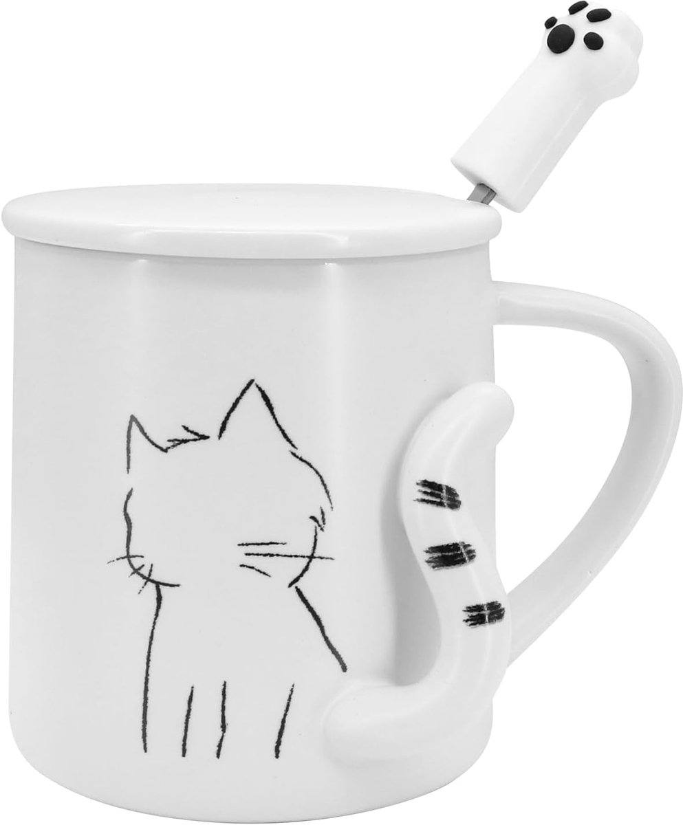 Leuke Keramische Koffiemok met Deksel en Leuke Lepel,Nieuwigheid Koffiemok voor Kattenliefhebbers Vrouwen en Meisjes, 3D Leuke Kattenstaart (Voor)