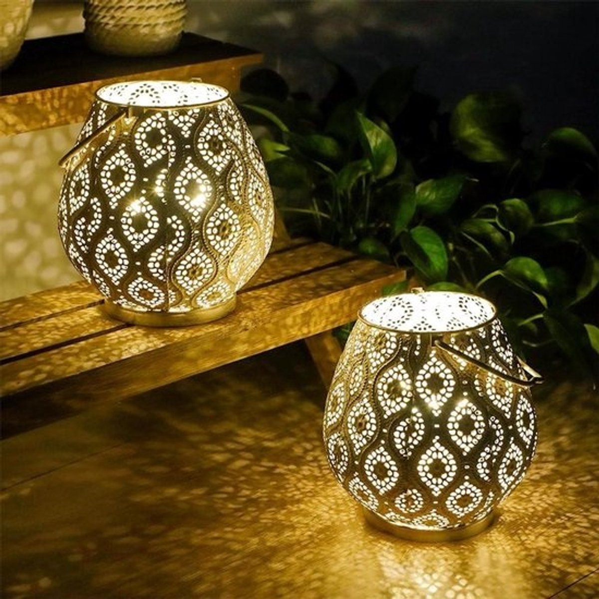 Premium - Set van 2 Decoratieve Marokkaanse Lampen - Draadloze Tafellampen voor Thuis en Tuin - Batterij Aangedreven - Geschikt voor Evenementen - 26cm Hoog