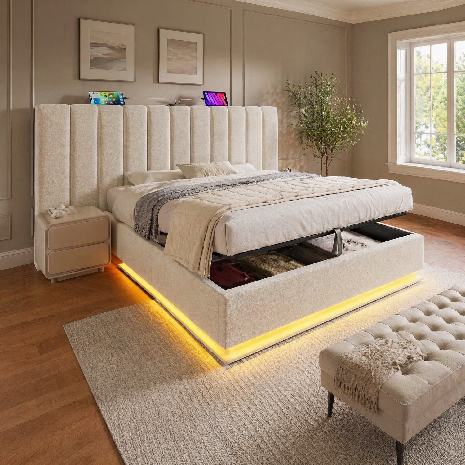 Maisentiel Gestoffeerd bed 160 x 200 cm met opbergruimte, ledverlichting en USB-C - beige