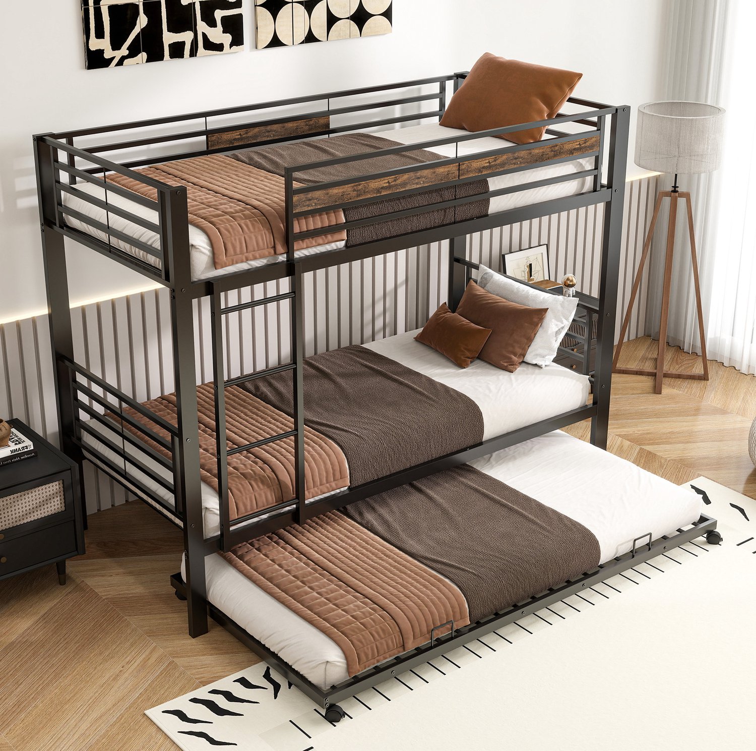 MODFU Stapelbed - Met Uitschuifbed En Ladder - Uitvalbeveiliging - Metaal - Zwart - 90 X 200 Cm Zwart met houtlook accenten
