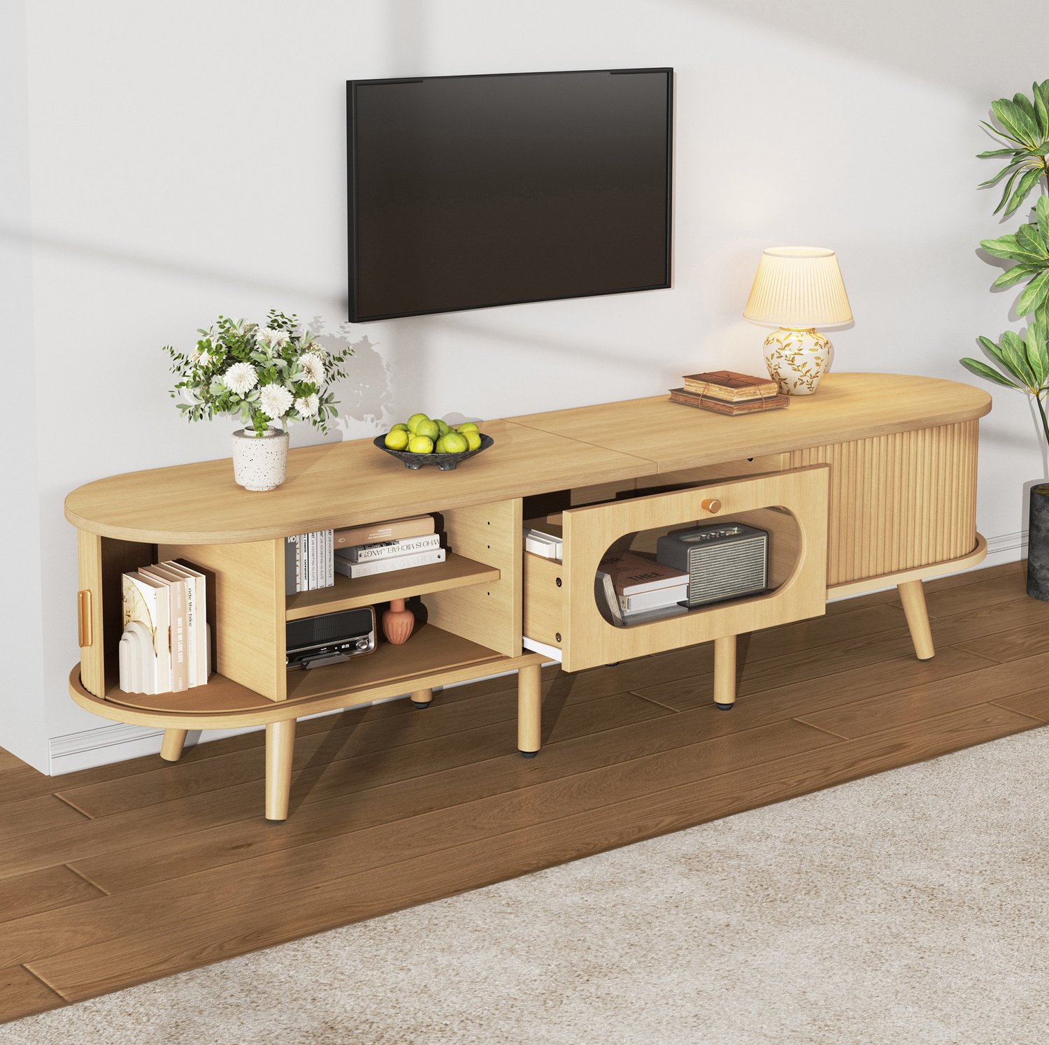 FloraGrace Tv-Meubel - 2 Roldeuren en Lade Met Transparant Acrylfront - Voor Woonkamer en Tv Tot 70 Inch - Mdf - Naturel - 170x40x43 Cm