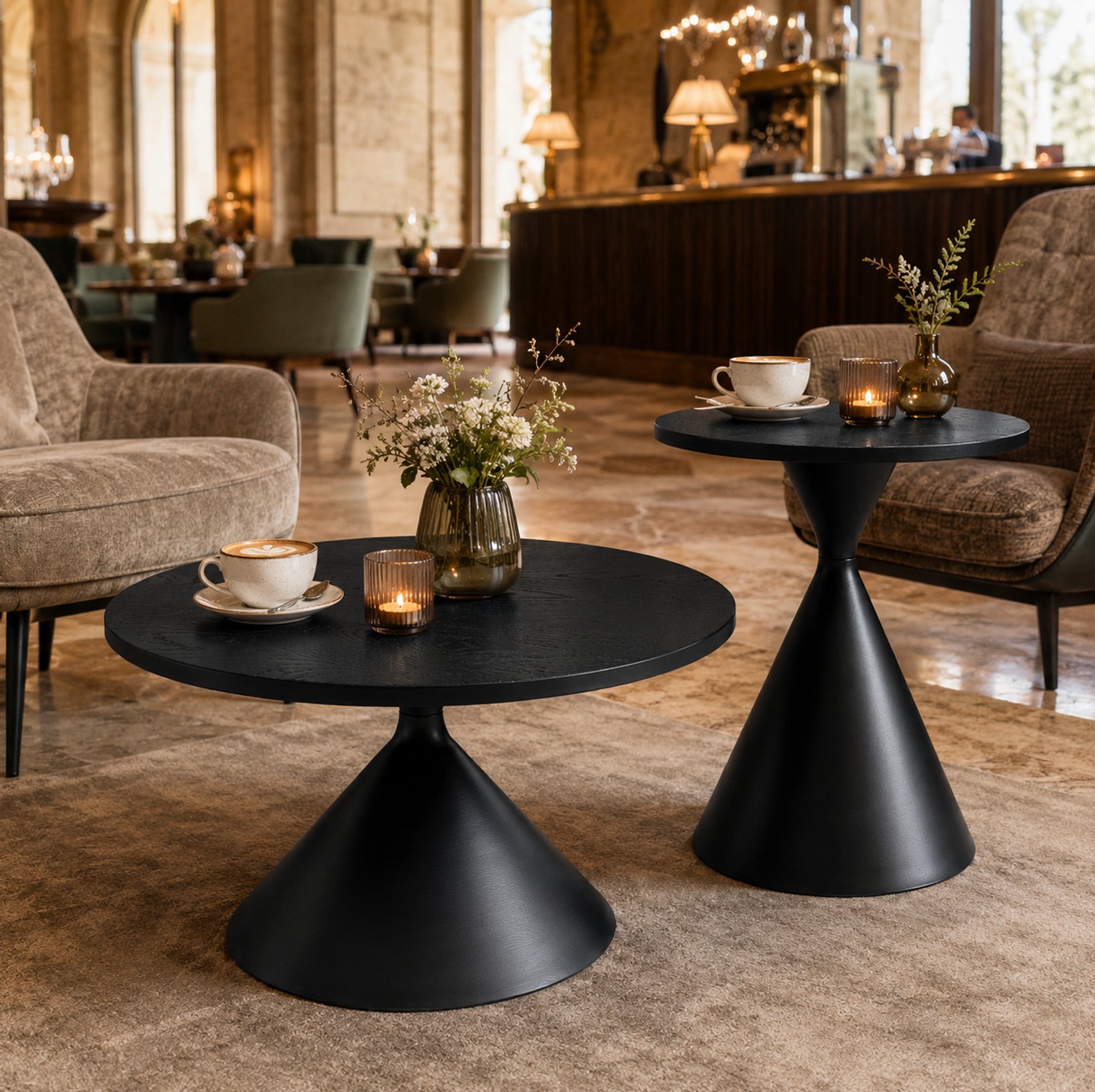 MODENUIT Salontafelset - 2 Ronde Tafels - Voor Woonkamer - Zwart Houtdecor en Carbonstaal - 70x40 en 50x55 Cm