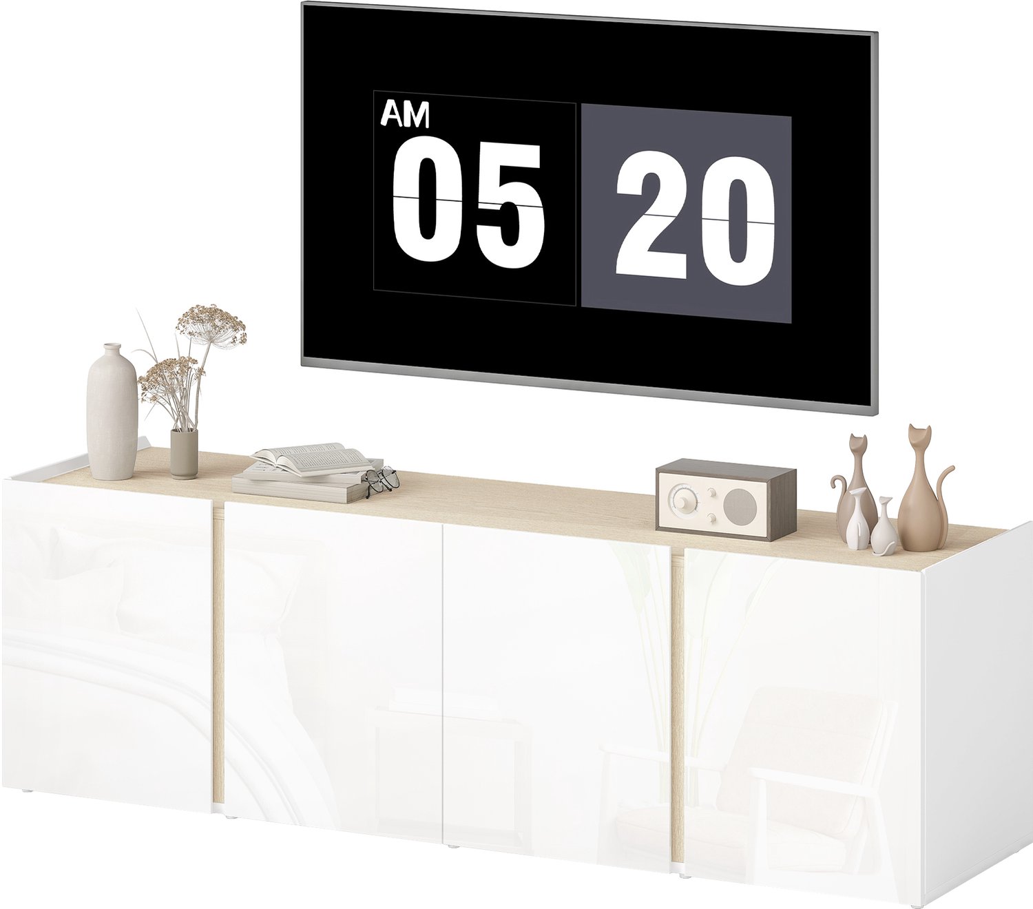 Lunpog TV-meubel - TV-bank met 4 deuren met softclose - verstelbare plank en kabeldoorvoer - 135 x 38 x 45 cm - wit