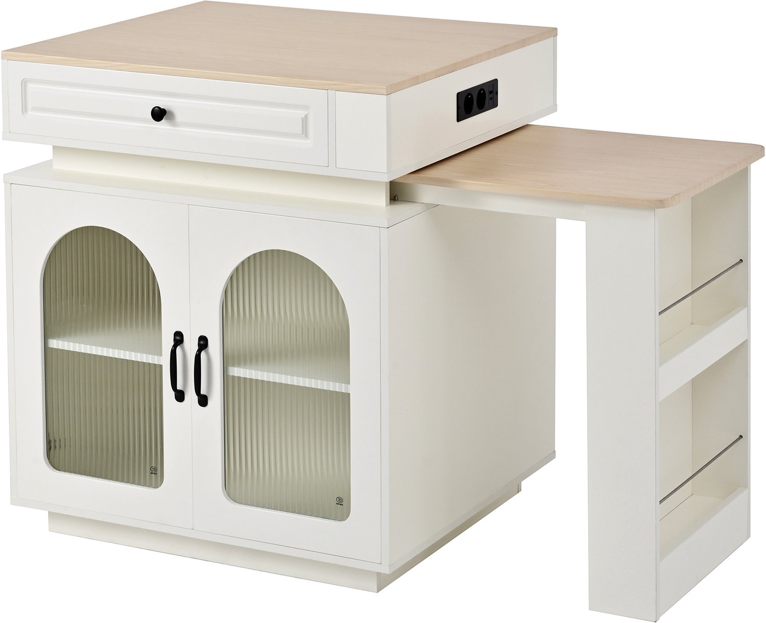 MUVANO Uitschuifbare eettafel - Wit keukeneiland op wielen - Houtlook blad met lade - LED en USB-C - 128–200 x 71 x 92 cm - Voor keuken en eetkamer