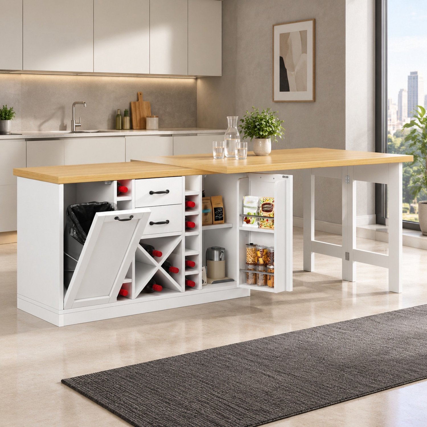 Maisentiel Draaibaar keukeneiland met wijnrek - 120-223 x 40 x 73,8 cm - wit Wit met licht eikenlook tafelblad
