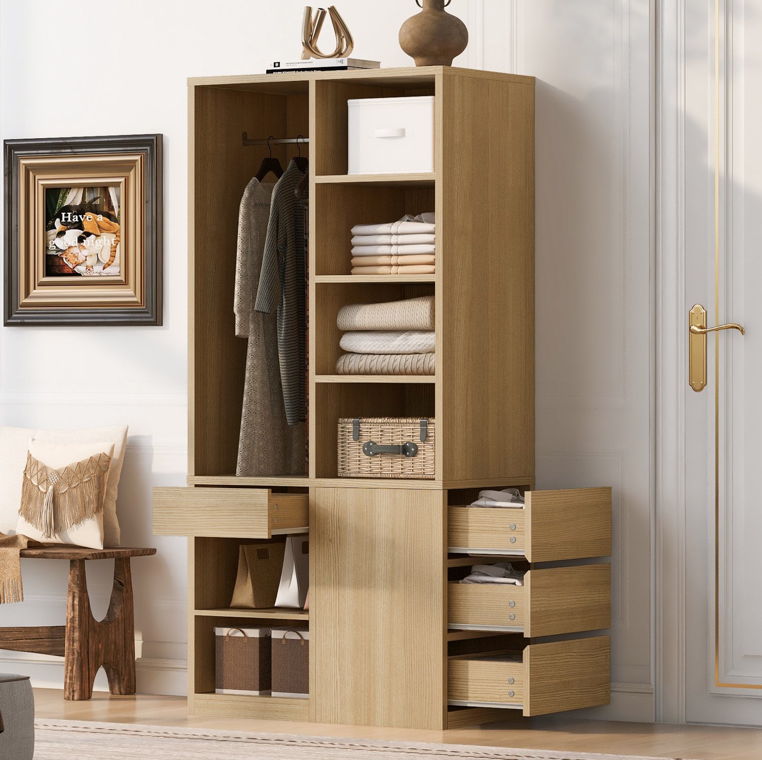 HAUSS SPOLE Kledingkast - Met Kledingstang, Open Vakken En Lades - Voor Slaapkamer - Multiplex En MDF - 70x50x170 Cm - Wit En Houtkleur