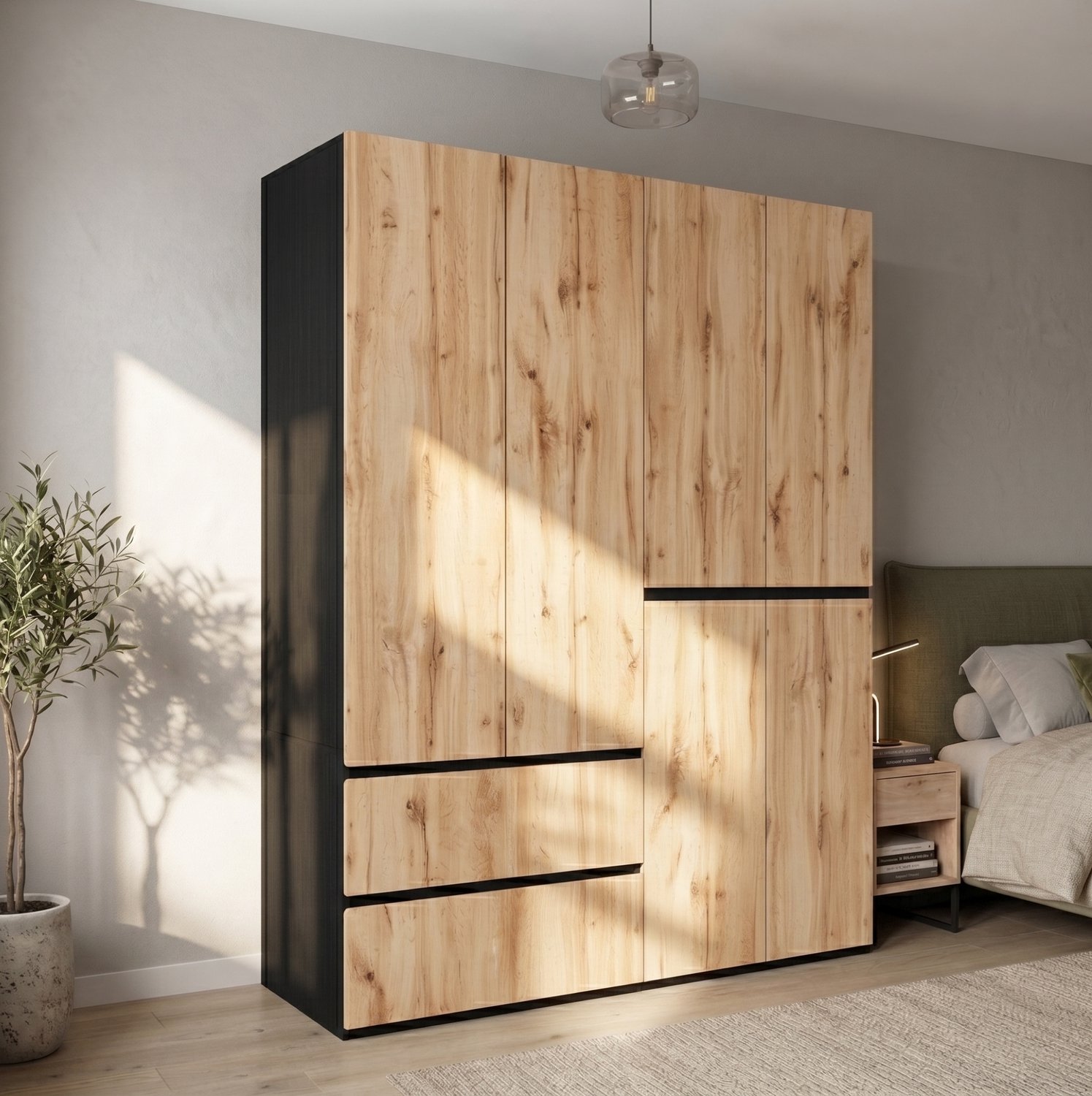 HAUSS SPOLE Kledingkast - 6 Deuren, 2 Kledingroedes En 5 Laden - Voor Slaapkamer En Hal - MDF En Spaanplaat - Eikenlook Met Zwart - 180x50x200 Cm Eikenhoutkleur