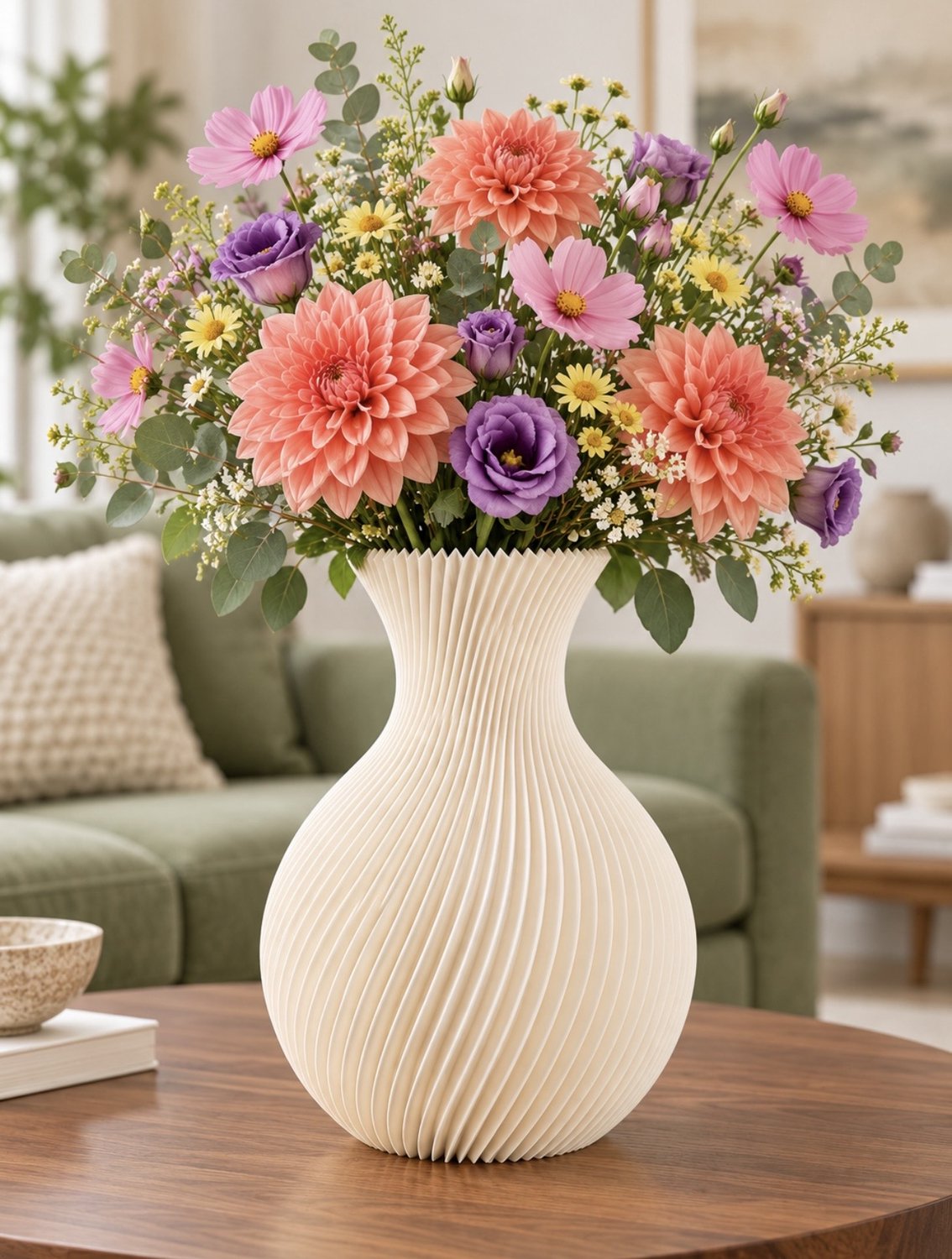 Vaasje by Iris Decoratieve Vaas – Moderne Geribbelde Bloemenvaas – 3D Geprint – Bone White – 20 x 14 cm