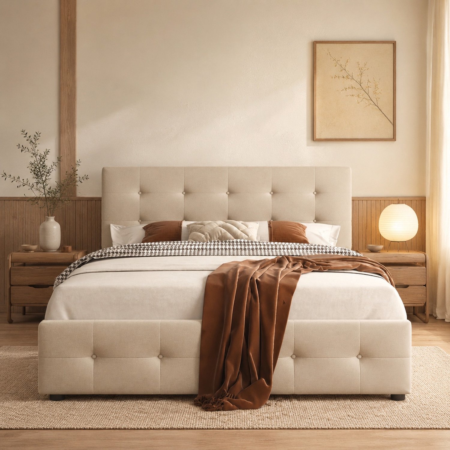 Maisentiel Gestoffeerd tweepersoonsbed 140 x 200 cm met 4 lades en lattenbodem - beige