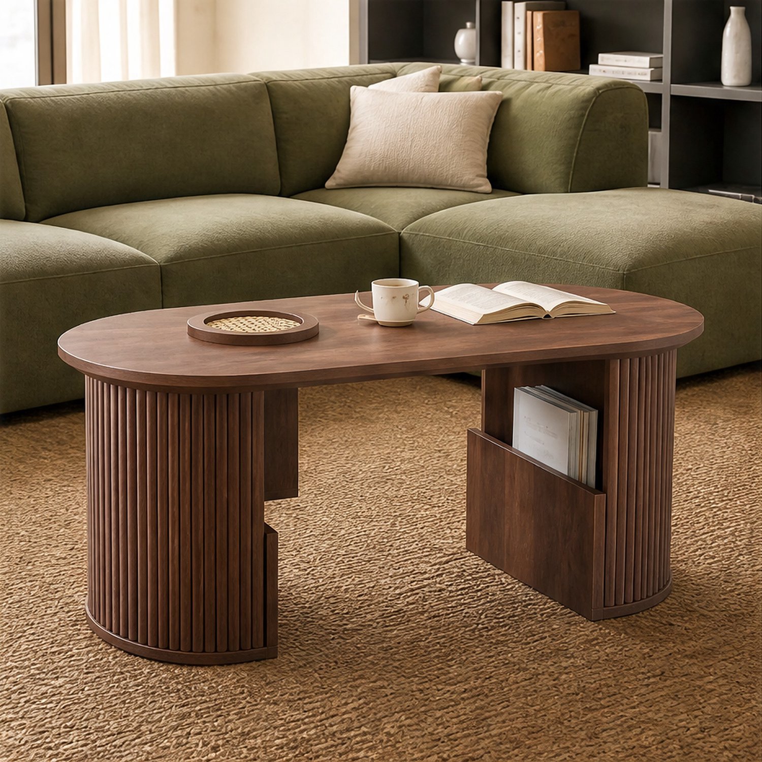City long dragon LONG DRAGON - Salontafel - 105x50x46,5 cm walnoot - ovaal met verticale structuur en vlechtwerkplank