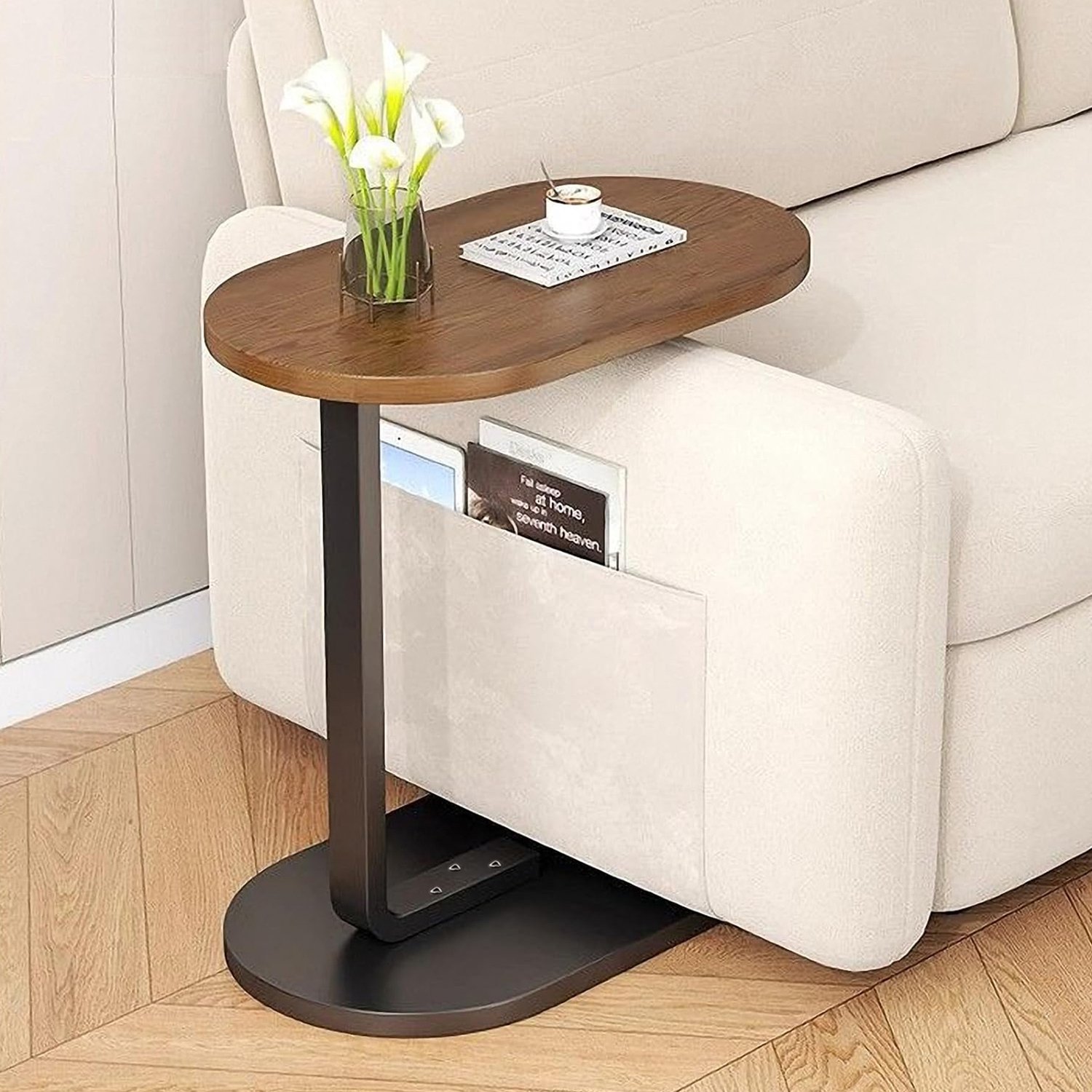 STILVORA Bijzettafel Veelzijdig – 63 x 30 x 45 cm – Hout en Staal – Walnootkleur – C-Vorm voor Bank en Bed – Voor Snacks en Thuiswerken