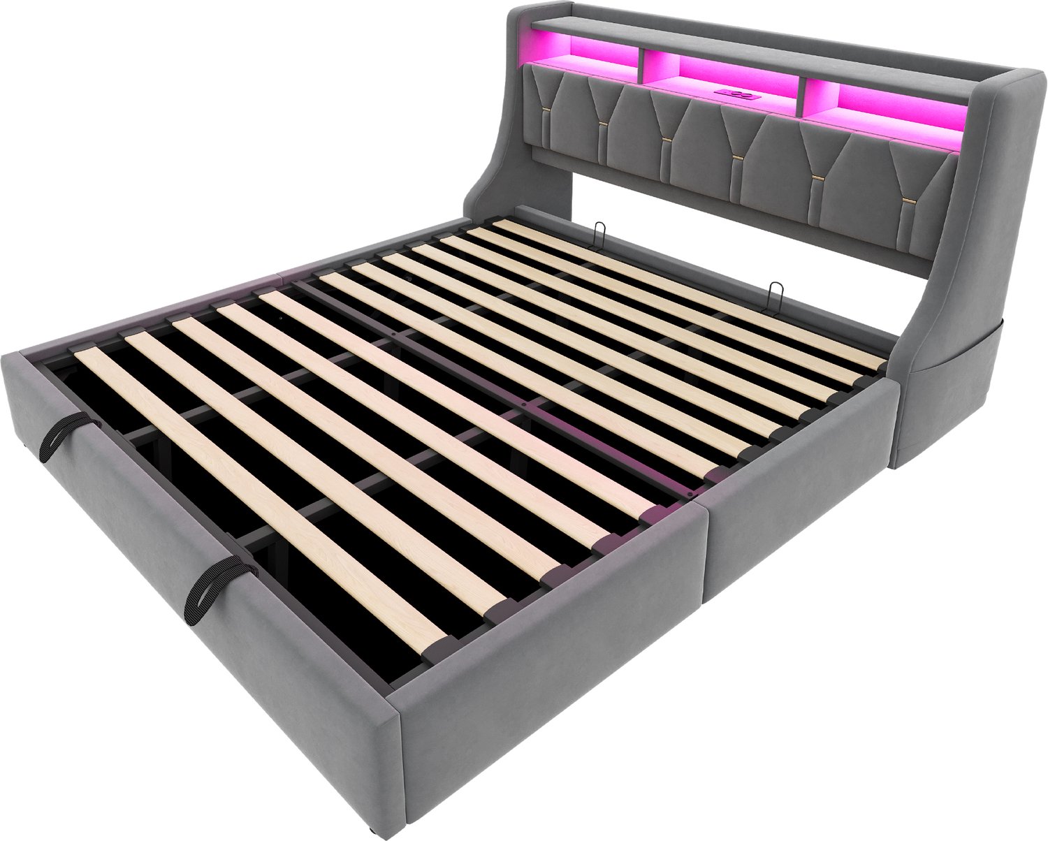MUVANO Gestoffeerd bed 180 x 200 cm - Hydraulisch opbergbed - Fluweel grijs - Opklapbaar hoofdbord - Ledverlichting - Stopcontact, USB en USB-C