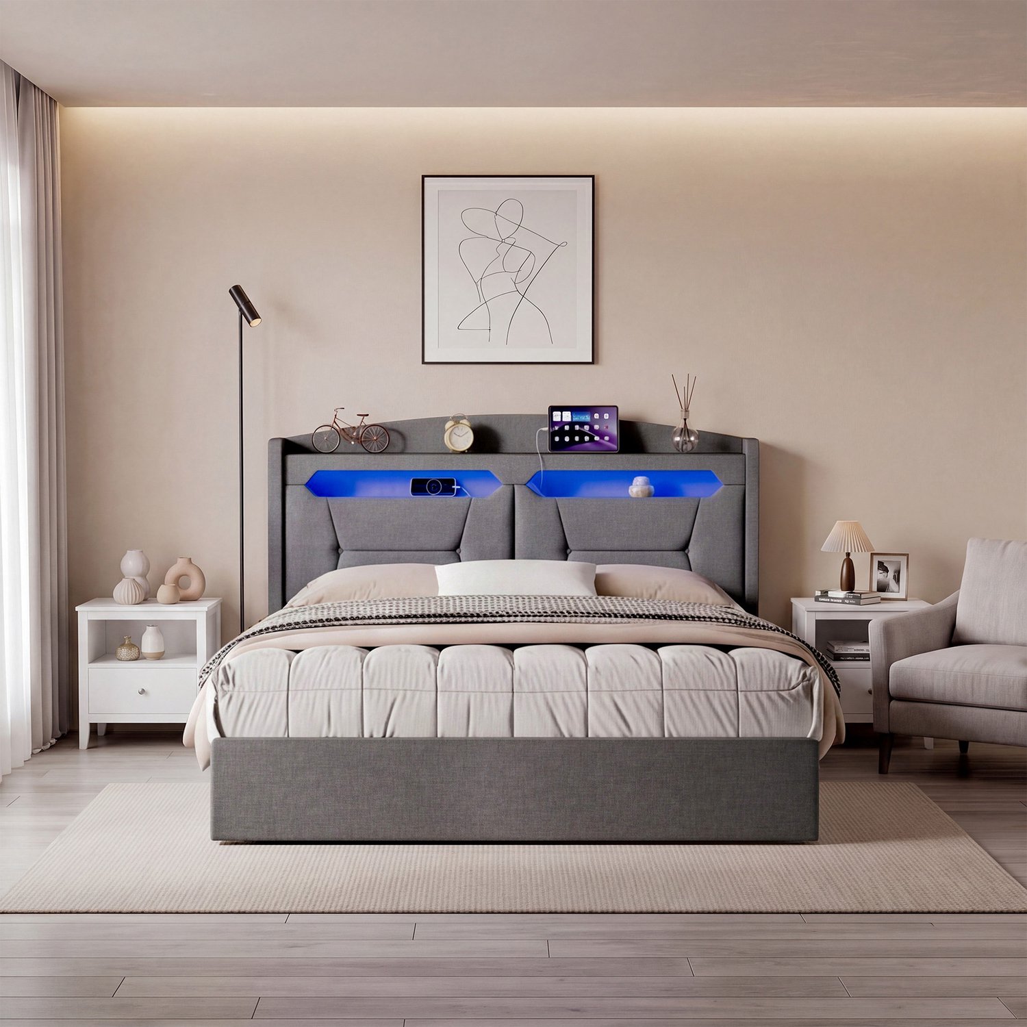 Yelenaro Gestoffeerd bed 140x190 cm met LED-Verlichting, Hydraulisch Tweepersoons bed met Opbergruimte in het Hoofdeinde en USB-Aansluitingen, Jeugdbed, Linnen, Lichtgrijs