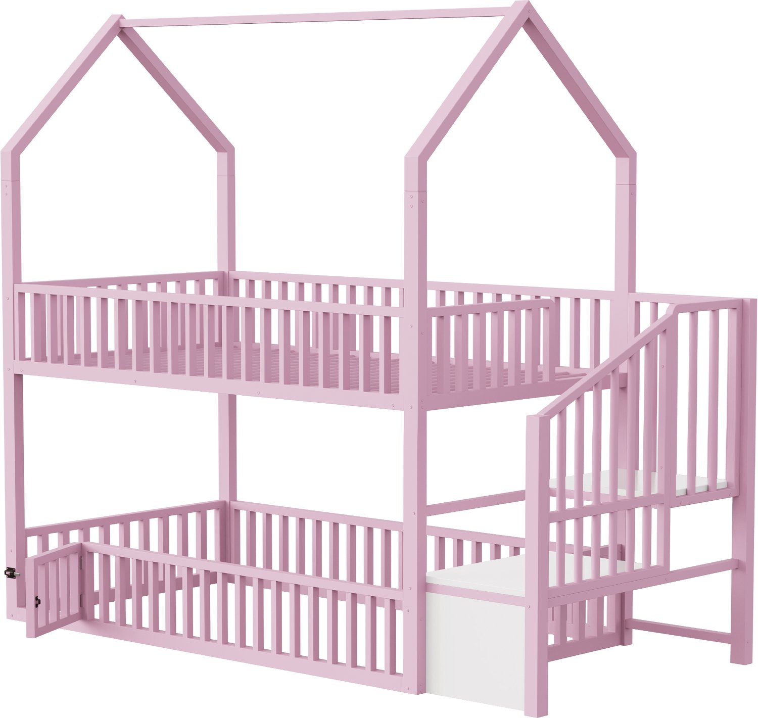 MUVANO Roze metalen stapelbed 90 x 200 cm - kinderbed in huisvorm met opbergtrap, uitvalbeveiliging, deurtje onderin en speelruimte onder bed