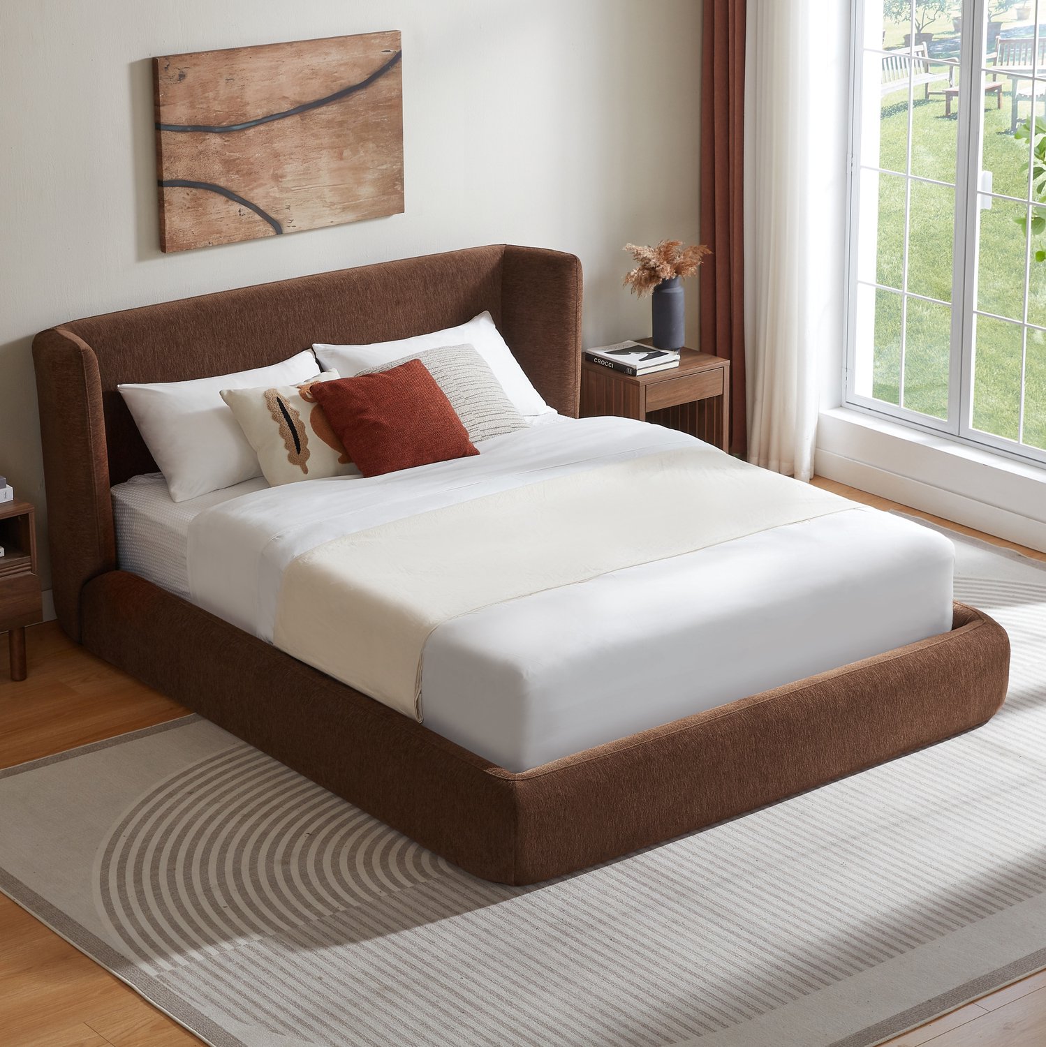 Wishdor Tweepersoonsbed 160x200 cm - Gestoffeerd hoofdbord - Versterkt stalen frame met gelijkmatige ondersteuning - Minimalistisch voor de slaapkamer - Bruin - Zonder matras