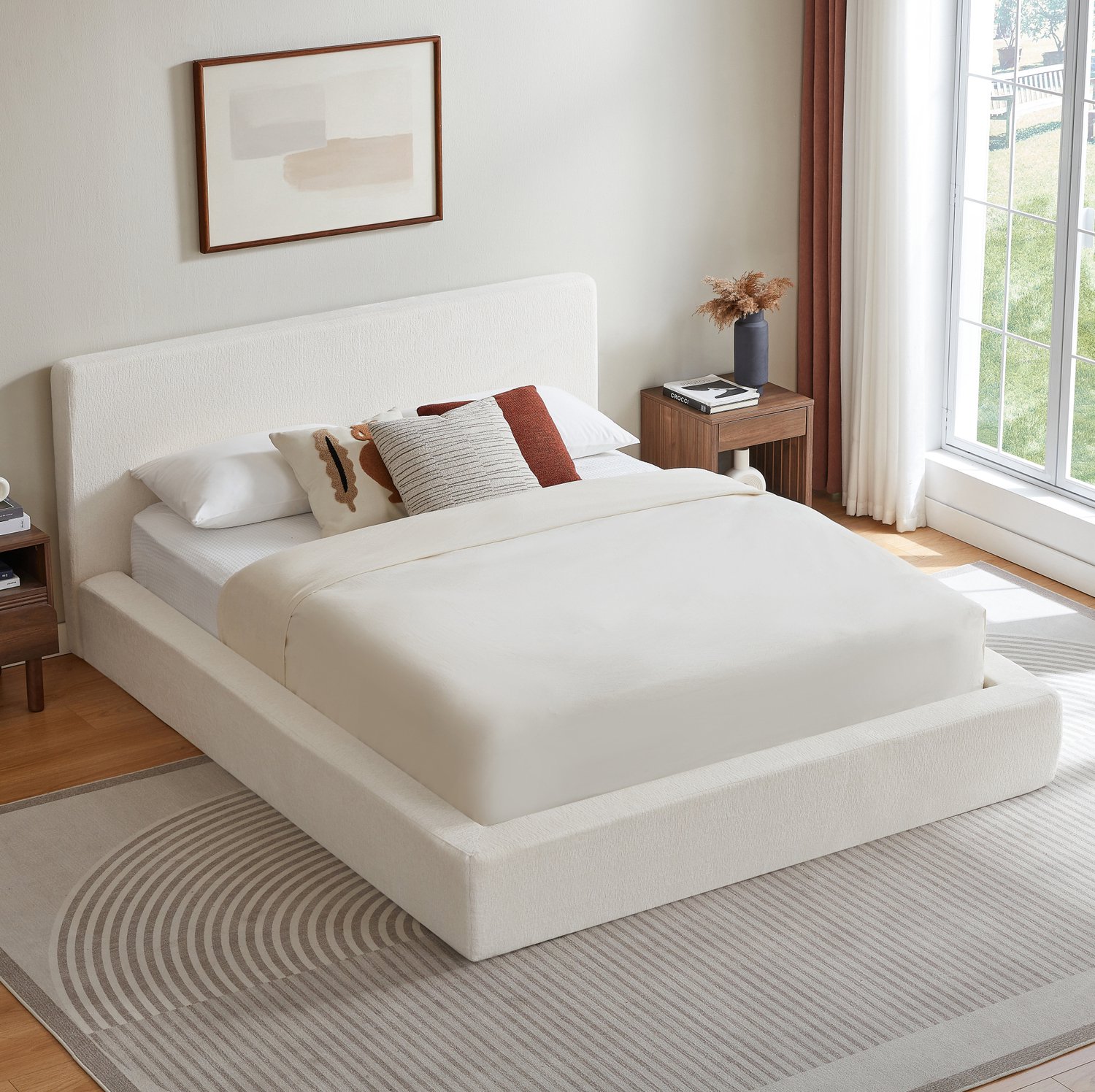 Wishdor Tweepersoonsbed 160x200 cm - Gestoffeerd hoofdbord - Versterkt stalen frame met lattenbodem - Minimalistische vormgeving - Slaapkamer - Crèmewit - Zonder matras