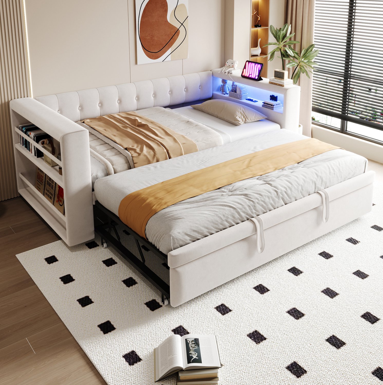 Maisentiel Beige slaapbank met uitschuifbaar bed 90/180 x 190 cm, opbergruimte en LED Lichtgrijs