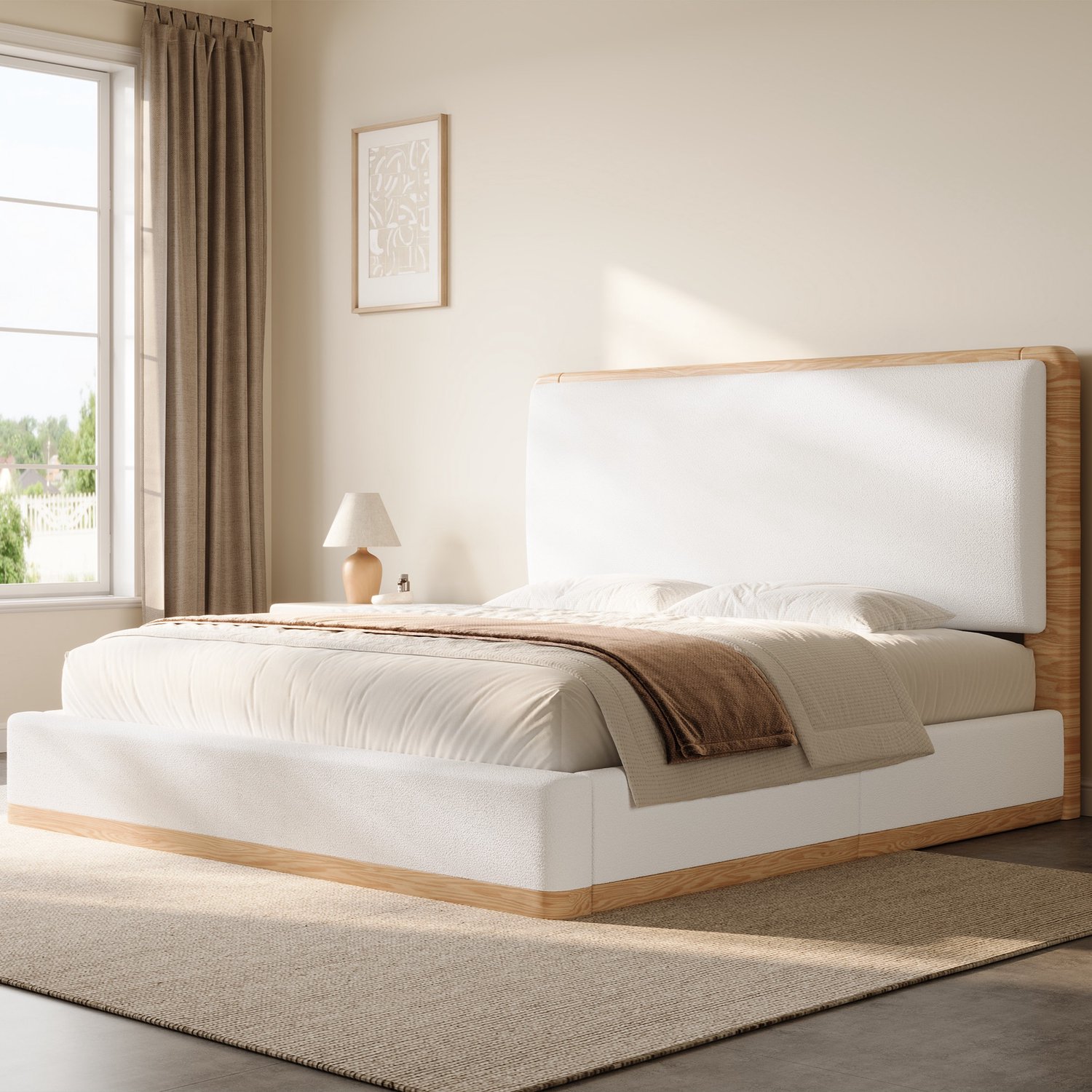 PHOEBE CAT Sweiko Tweepersoonsbed - 140 x 200 cm - Houten bedframe - Gestoffeerd hoofdeinde - Wit + Naturel