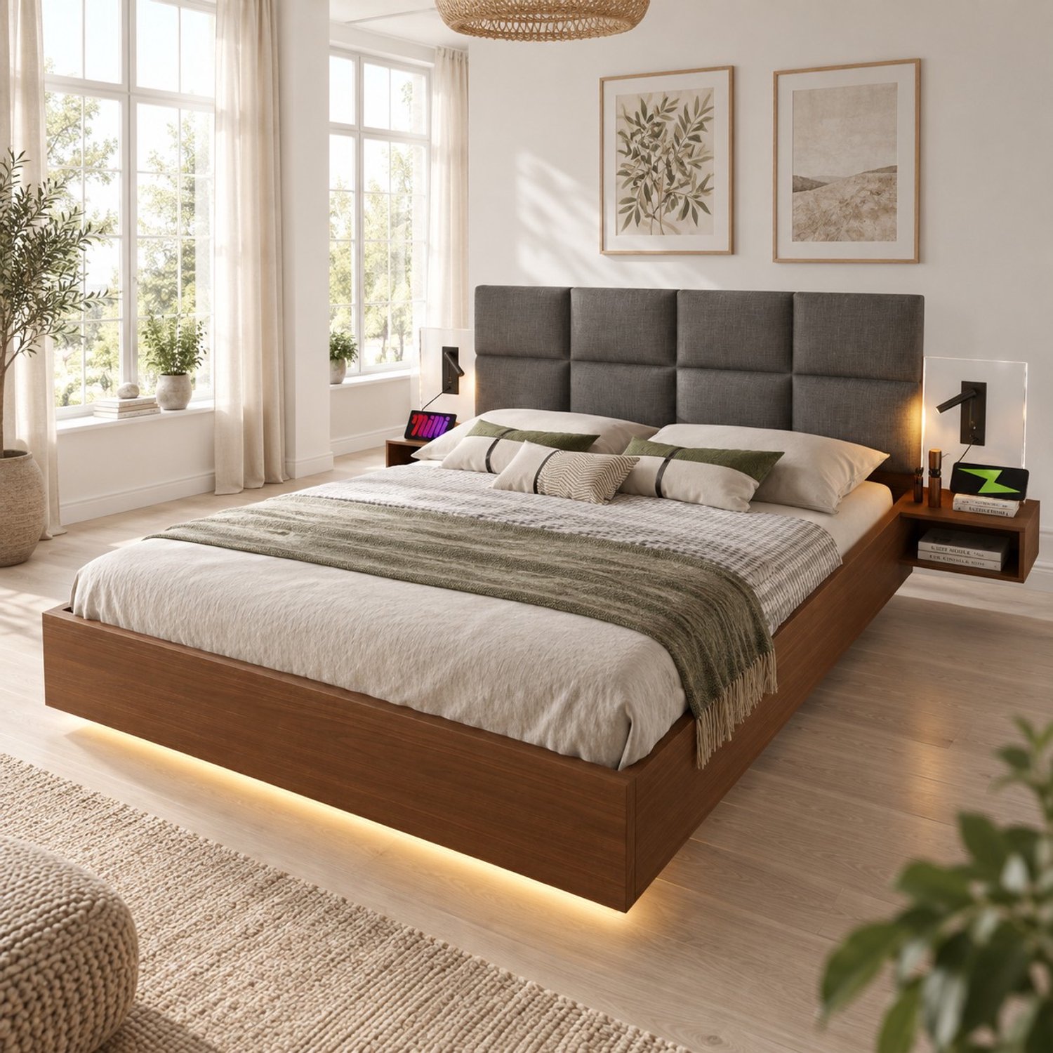 Sweiko Tweepersoonsbed - 160 x 200 cm - Houten bedframe - 2 nachtkastjes - Met verlichting - Oplaadpunten - Linnen - Walnootkleur + Grijs