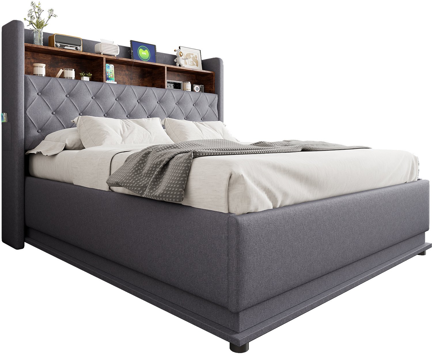 MUVANO Gestoffeerd bed 160 x 200 cm - Led-bed met USB-laadaansluiting - Hydraulische opbergruimte - Linnenstof en metalen frame - Slaapkamer grijs